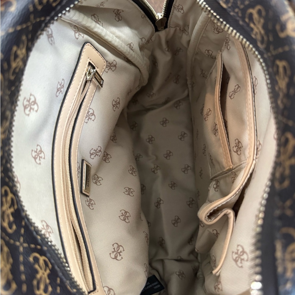 GUESS Monogram Leather Backpack in Brown and Tan - Picture 13 of 16